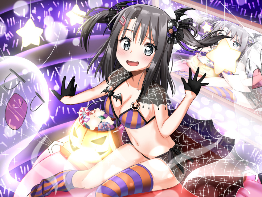 1girl :p alternate_hairstyle aro_1801 asymmetrical_legwear bang_dream! basket bikini black_eyes black_gloves black_hair blush breasts candy capelet cleavage collarbone food ghost gloves glowstick hair_ornament hairclip half_gloves halloween head_wings jack-o'-lantern jitome looking_at_viewer loose_thighhigh medium_breasts medium_hair okusawa_misaki open_mouth overskirt screen silk sitting solo sparkle spider_web star striped striped_legwear swimsuit thigh-highs tongue tongue_out two_side_up vertical-striped_bikini vertical-striped_legwear vertical_stripes