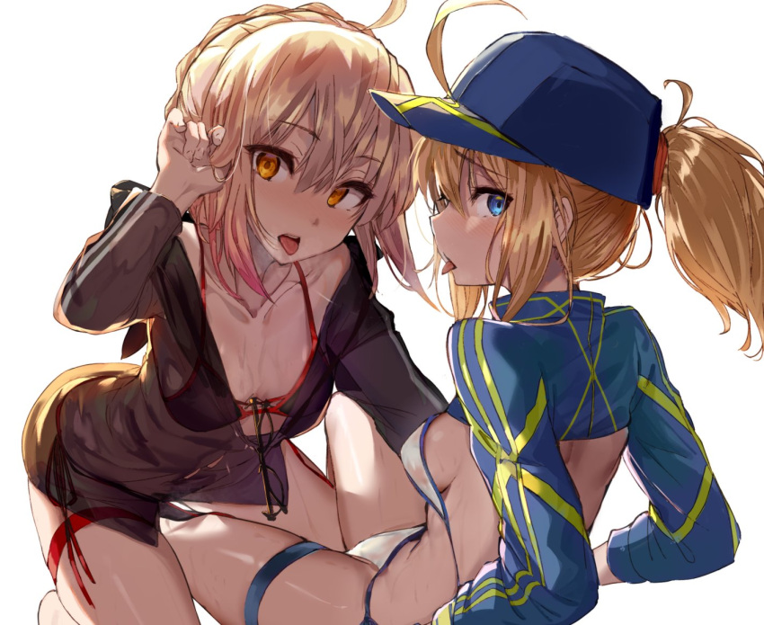 2girls after_kiss ahoge akieda all_fours artoria_pendragon_(all) backlighting baseball_cap bikini black_bikini blonde_hair blue_eyes braid breasts collarbone crown_braid dutch_angle eyebrows_visible_through_hair fate/grand_order fate_(series) front-tie_bikini front-tie_top hair_tucking hat looking_at_viewer multiple_girls mysterious_heroine_x_(alter) mysterious_heroine_xx_(foreigner) orange_eyes ponytail profile saliva saliva_trail see-through short_hair side-tie_bikini sideboob sidelocks simple_background small_breasts string_bikini swimsuit thigh_strap tongue tongue_out untied untied_bikini wet white_background white_bikini yuri