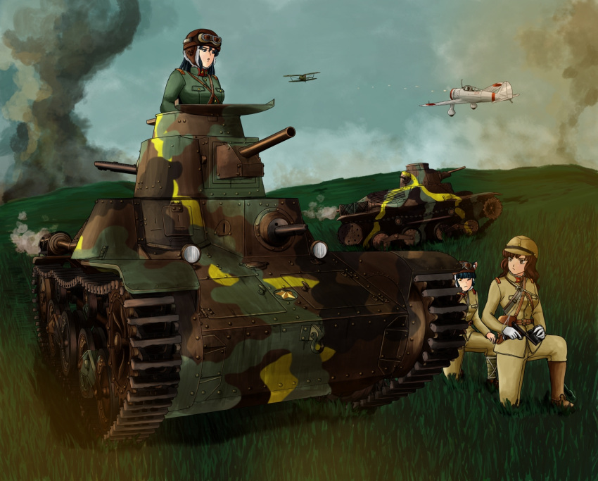 3girls aircraft black_eyes black_hair breasts brown_eyes brown_hair caterpillar_tracks clouds day grass ground_vehicle gun handgun imperial_japanese_army long_hair military military_vehicle motor_vehicle multiple_girls original pistol sachimirai sky tank type_95_ha-gou weapon