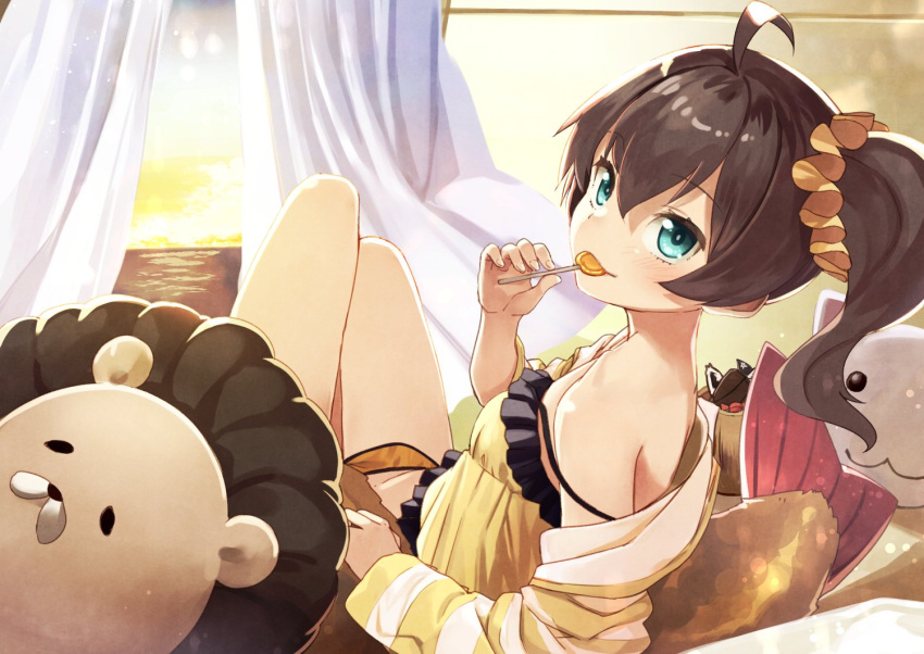 1girl ahoge animal_pillow bare_legs bed bedroom blue_eyes breasts brown_hair candy curtains food food_in_mouth hololive jacket lingerie lollipop looking_at_viewer lying_on_bed shorts side_ponytail small_breasts solo sunset tokumaro underwear