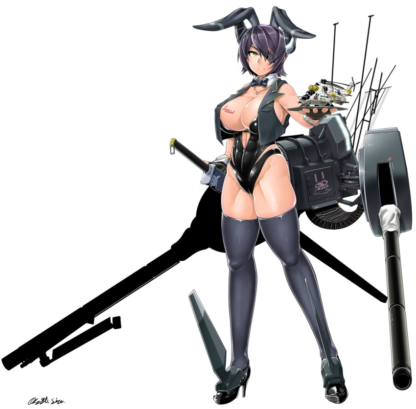 1girl aircraft animal_ears artist_request body_writing bow bowtie breasts bunnysuit eyepatch fake_animal_ears headgear helicopter high_heels highres kantai_collection large_breasts looking_at_viewer mi-24 rigging sword tagme tenryuu_(kantai_collection) thigh-highs thighs turret weapon yellow_eyes