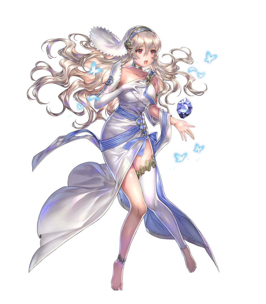 1girl asymmetrical_clothes bangs bare_shoulders barefoot breasts bug butterfly dress elbow_gloves feet female_my_unit_(fire_emblem_if) fire_emblem fire_emblem_heroes fire_emblem_if floating floating_object gloves highres insect long_hair my_unit_(fire_emblem_if) nintendo official_art open_mouth red_eyes redhead shiny shiny_hair side_slit silver_hair solo stone toes transparent_background veil white_dress white_hair