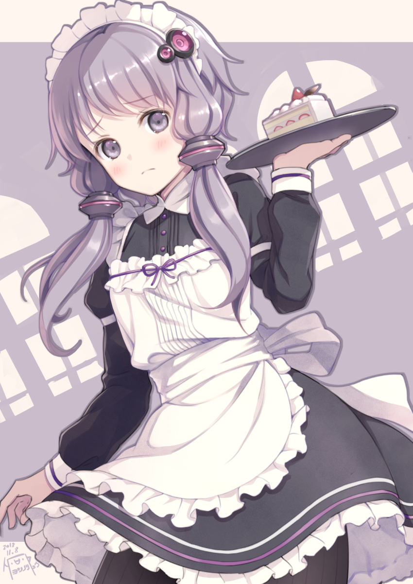 1girl apron black_dress black_legwear blush cake closed_mouth commentary_request dated dress dutch_angle food frilled_apron frilled_dress frills fruit hair_ornament hand_up highres holding holding_tray juliet_sleeves long_hair long_sleeves looking_at_viewer maid maid_headdress pantyhose puffy_sleeves purple_hair ribbed_legwear short_hair_with_long_locks signature slice_of_cake solo strawberry strawberry_shortcake tray victorian_maid violet_eyes voiceroid white_apron window yoshino_ryou yuzuki_yukari