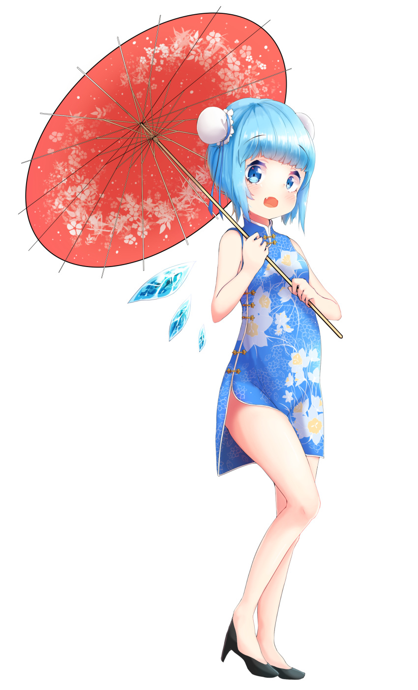 1girl absurdres akisha alternate_costume bangs bare_arms bare_legs black_footwear blue_dress blue_eyes blue_hair blue_wings blunt_bangs bun_cover china_dress chinese_clothes cirno double_bun dress eyebrows_visible_through_hair floral_print full_body hands_up high_heels highres holding holding_umbrella ice ice_wings looking_at_viewer open_mouth oriental_umbrella shoes short_dress short_hair smile solo standing touhou transparent_background umbrella wings