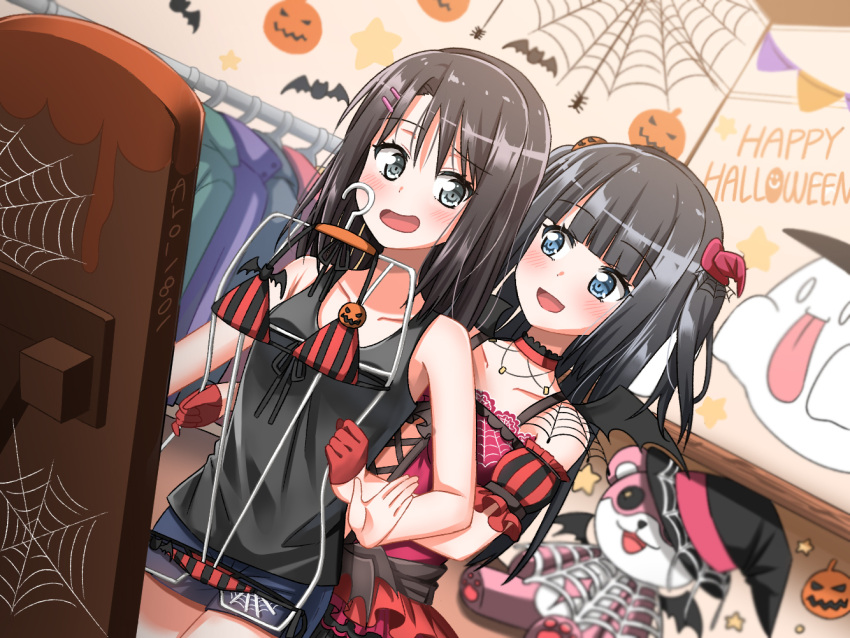 2girls :d aro_1801 bang_dream! bangs bat_wings bikini bikini_removed black_eyes black_tank_top blue_eyes blunt_bangs blush bug character_doll choker clothes_hanger clothes_in_front collarbone commentary_request cross-laced_clothes detached_sleeves dutch_angle ghost gloves hair_ornament hairclip halloween happy_halloween hat holding_clothes jack-o'-lantern long_hair medium_hair michelle_(bang_dream!) mini_hat mini_witch_hat miori_(aro_1801) mirror multiple_girls navy_blue_shorts okusawa_misaki open_mouth original red_bikini red_choker red_gloves shopping short_shorts shorts silk smile spider spider_web striped striped_bikini stuffed_animal stuffed_toy swimsuit tank_top teddy_bear twitter_username wings witch_hat