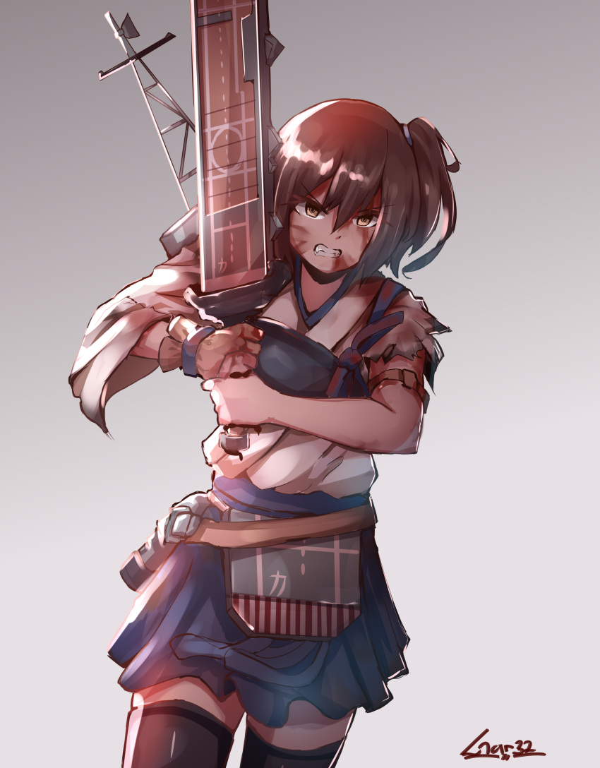 1girl absurdres angry blood blood_on_face bloody_clothes brown_eyes brown_hair commentary flight_deck gloves hakama_skirt highres holding holding_weapon huge_weapon japanese_clothes kaga_(kantai_collection) kantai_collection long_hair machinery muneate partly_fingerless_gloves running sharp_teeth side_ponytail solo sword tasuki teeth tegar32 thigh-highs weapon