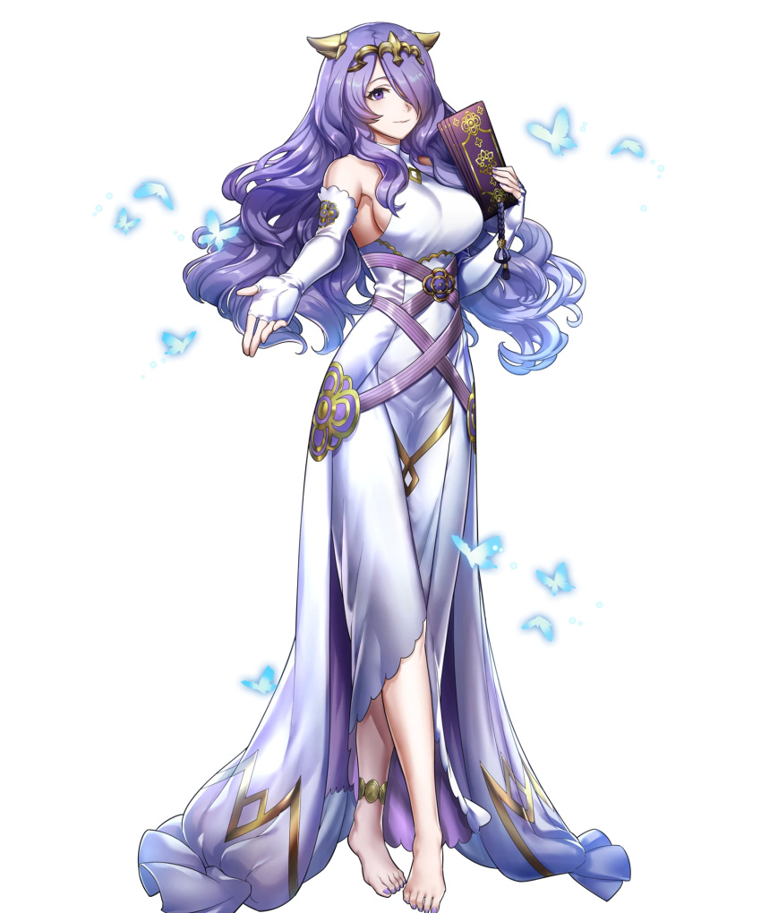 1girl barefoot breasts camilla_(fire_emblem_if) dress feet fire_emblem fire_emblem_heroes fire_emblem_if highres large_breasts long_hair nail_polish nintendo official_art purple_hair sideboob solo toes transparent_background violet_eyes