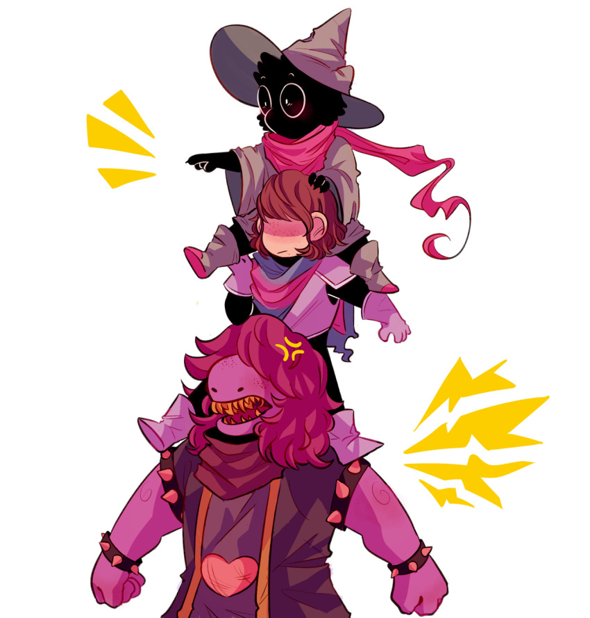 1girl :/ anger_vein bracelet brown_hair capelet carrying clenched_hand deltarune gloves hair_over_eyes hat highres jewelry kris_(deltarune) nuggetu open_mouth piggyback pink_scarf pink_skin pointing ralsei scarf sharp_teeth spiked_armlet spiked_bracelet spikes standing susie_(deltarune) teeth white_background wide_sleeves wizard_hat yellow_teeth