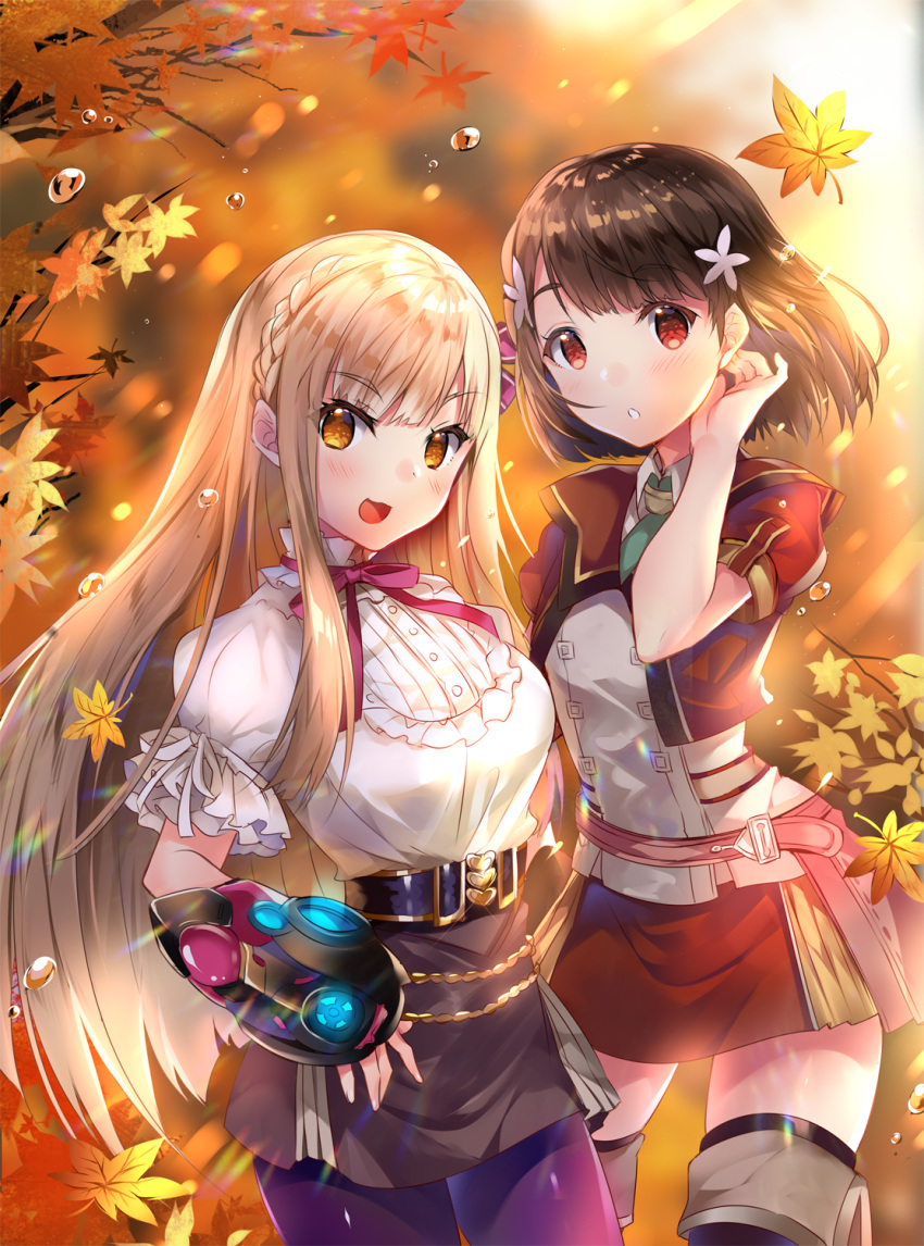 2girls :d autumn_leaves bangs belt black_belt blonde_hair blurry blurry_background blush bow braid brown_eyes brown_hair brown_skirt character_request commentary_request cowboy_shot cropped_jacket day depth_of_field eiyuu_densetsu eyebrows_visible_through_hair flower frilled_shirt_collar frills hair_bow hair_flower hair_ornament hand_up head_tilt highres jacket long_hair multiple_girls open_mouth outdoors pantyhose parted_lips puffy_short_sleeves puffy_sleeves purple_bow purple_legwear red_eyes red_jacket red_skirt shirt short_sleeves skirt smile standing usagihime very_long_hair water_drop white_flower white_shirt