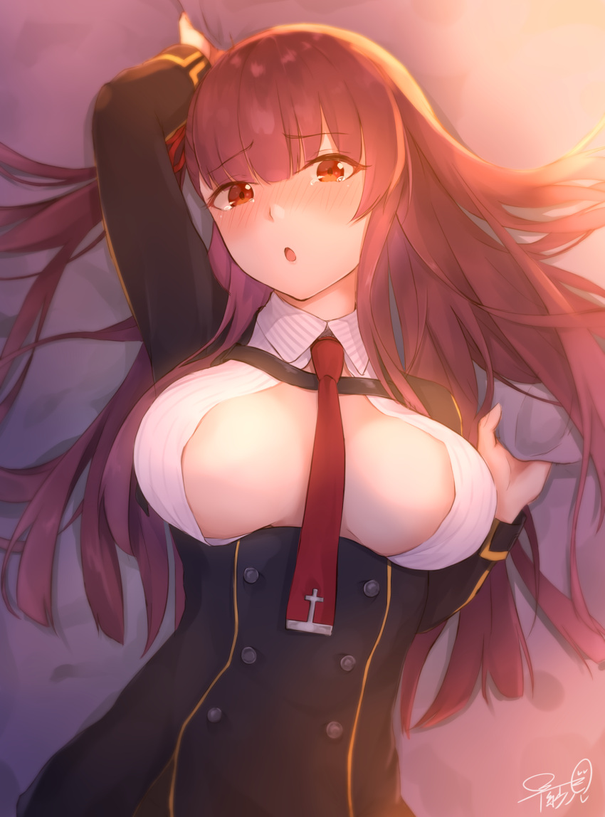 1girl bangs bed_sheet black_skirt blazer blush breasts double-breasted eyebrows_visible_through_hair girls_frontline gloves hair_ribbon half_updo high-waist_skirt highres jacket large_breasts long_hair looking_at_viewer lying necktie on_back one_side_up open_mouth purple_hair red_eyes red_neckwear ribbon sheet_grab shirayuiii shirt sidelocks skirt solo tearing_up very_long_hair wa2000_(girls_frontline)