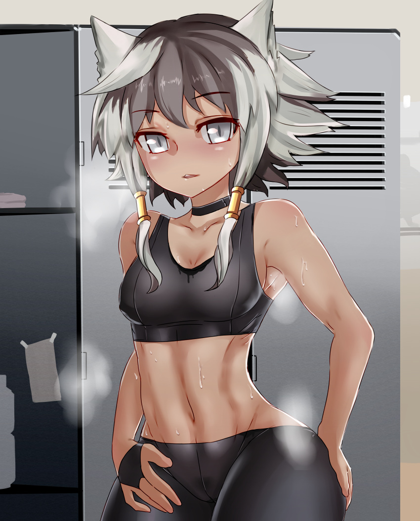 1girl absurdres animal_ears armpits bike_shorts bottle breasts breath brown_hair chinese_commentary choker cleavage collarbone commentary_request dark_skin grey_eyes hair_tubes hand_on_own_ass highres jackal_(zhan_jian_shao_nyu) jackal_ears locker locker_room midriff multicolored_hair navel no_panties no_scar parted_lips short_hair_with_long_locks silver_hair slit_pupils solo sports_bra sweat towel two-tone_hair water_bottle wenzhang147 zhan_jian_shao_nyu