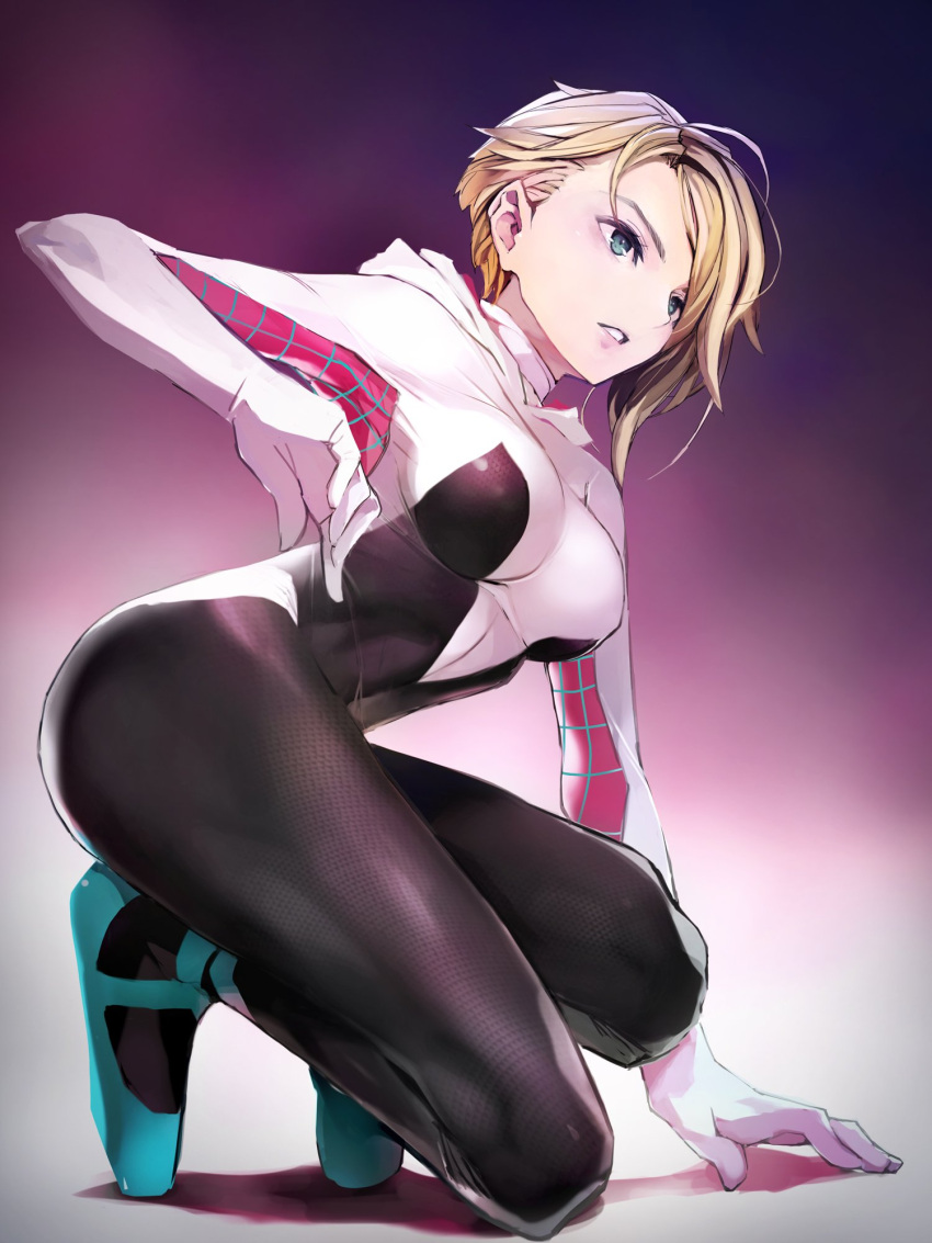 1girl blonde_hair blue_eyes bodysuit gradient gradient_background gwen_stacy highres hood marvel short_hair solo spider-gwen spider-man_(series) superhero taishi_(picchiridou)