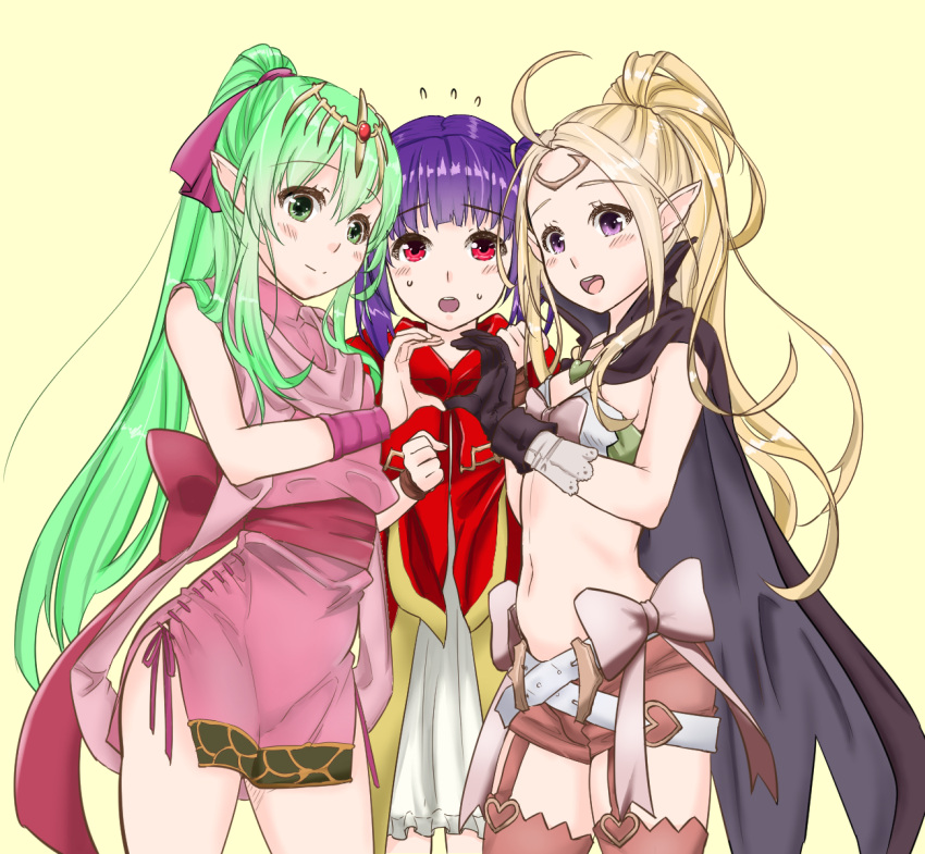 3girls belt black_gloves blonde_hair cape chiki circlet closed_mouth dress fire_emblem fire_emblem:_kakusei fire_emblem:_mystery_of_the_emblem fire_emblem:_seima_no_kouseki fire_emblem_heroes gloves green_eyes green_hair heart heart_hands heart_hands_duo highres long_hair mamkute multiple_girls myrrh nintendo nowi_(fire_emblem) open_mouth patty_ojisan pink_dress pointy_ears ponytail purple_hair red_eyes short_dress short_shorts shorts simple_background violet_eyes yellow_background