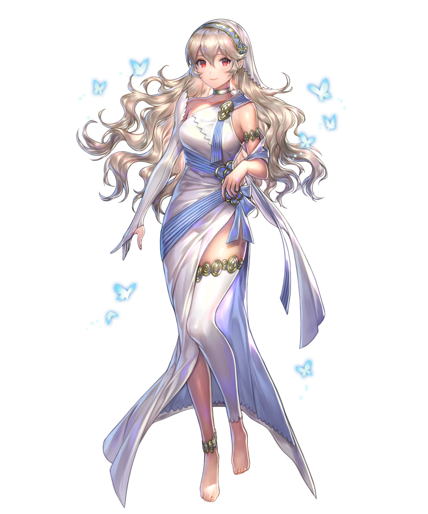 1girl armlet bangs bare_shoulders barefoot bug butterfly collar dress elbow_gloves feet female_my_unit_(fire_emblem_if) fire_emblem fire_emblem_heroes fire_emblem_if full_body gloves highres insect long_hair looking_at_viewer my_unit_(fire_emblem_if) nintendo official_art red_eyes side_slit silver_hair single_glove solo standing toes transparent_background veil white_dress white_legwear