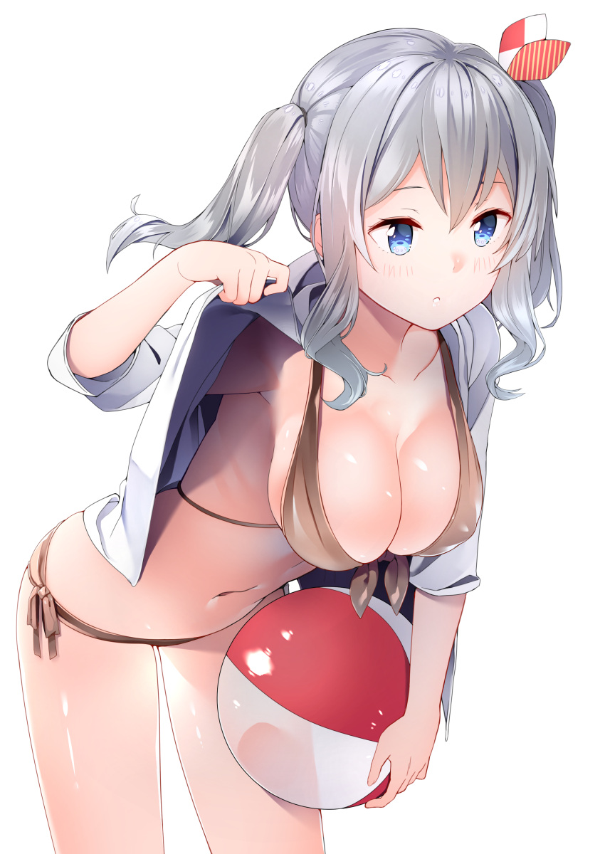 1girl :o absurdres ball bangs bare_legs beachball bikini blue_eyes blue_jacket breasts brown_bikini byte_(allbyte) cleavage collarbone cowboy_shot cropped_jacket front-tie_bikini front-tie_top hair_ribbon hand_up hanging_breasts highres hood hooded_jacket jacket kantai_collection kashima_(kantai_collection) large_breasts leaning_forward lips ribbon side-tie_bikini sidelocks silver_hair solo swimsuit twintails white_background white_jacket