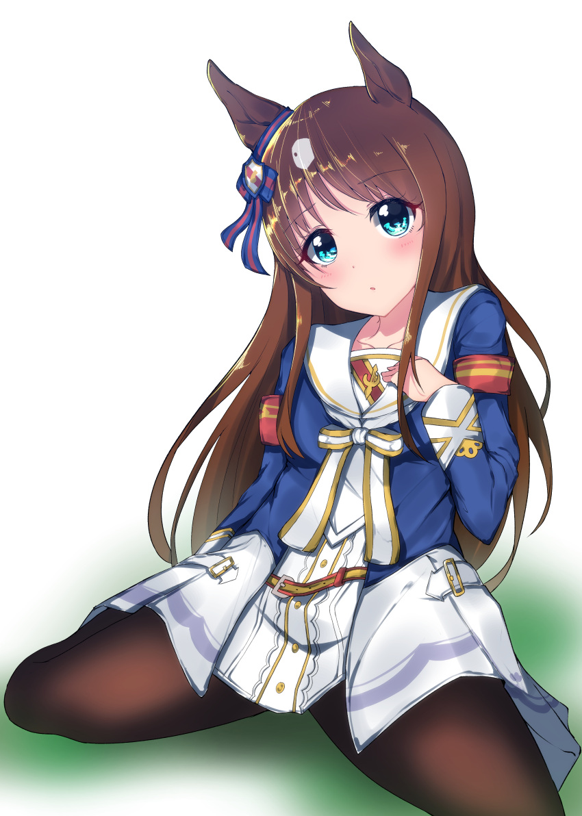 1girl absurdres animal_ears armband blue_eyes blush breasts brown_hair brown_legwear full_body grass_wonder hair_ornament hand_up highres horse_ears long_hair misonikomi pantyhose simple_background sitting skirt small_breasts solo umamusume white_skirt