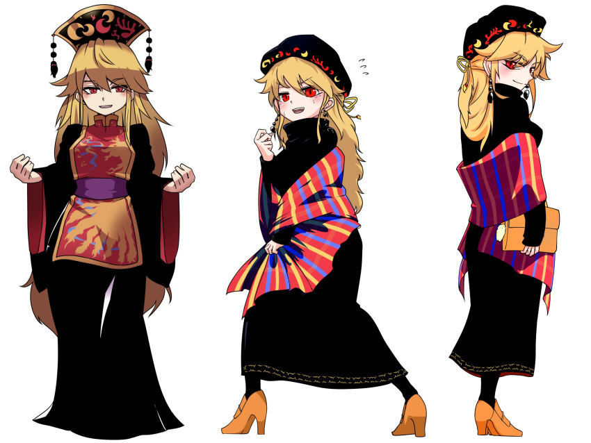 1girl adapted_costume alternate_costume alternate_hairstyle bag bangs black_dress black_hat blonde_hair brown_footwear casual chinese_clothes commentary_request contemporary crescent dress earrings hair_between_eyes hair_up handbag hands_up hat high_heels highres holding holding_bag jewelry junko_(touhou) kikoka_(mizuumi) long_dress long_hair long_sleeves multiple_views red_eyes sash shawl shoes simple_background smile standing tabard tassel touhou turtleneck white_background wide_sleeves