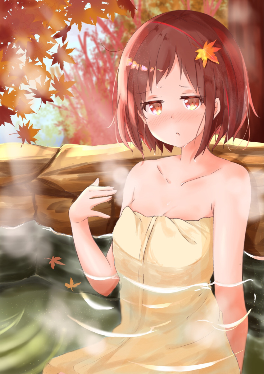 1girl autumn autumn_leaves bang_dream! bare_shoulders blush brown_eyes brown_hair collarbone half-closed_eyes hand_up hazawa_tsugumi highres leaf leaf_on_head looking_at_viewer naked_towel onsen open_mouth partially_submerged rock short_hair solo steam towel tsugumochi water wet yellow_towel