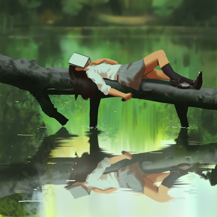 1girl black_hair blurry book book_on_head commentary depth_of_field hand_on_own_chest highres kneehighs lake log long_hair lying nature object_on_head on_back original reflection school_uniform skirt sleeping snatti solo tree water