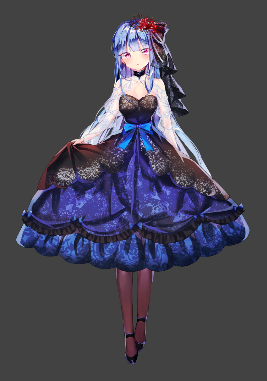 1girl bangs bare_shoulders black_footwear blue_dress blue_hair blush breasts brown_legwear closed_mouth commentary_request dress eyebrows_visible_through_hair flower frilled_dress frills full_body grey_background hair_flower hair_ornament head_tilt highres long_hair medium_breasts miyo_(user_zdsp7735) original pantyhose red_flower see-through shoes simple_background skirt_hold solo spider_lily standing strapless strapless_dress very_long_hair violet_eyes