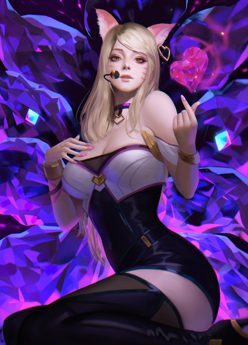 1girl absurdres ahri animal_ears bare_shoulders blonde_hair breasts choker cleavage fox_ears fox_tail hair_ornament hand_on_own_chest headset heart heart_choker high_heels highres huge_filesize idol k/da_(league_of_legends) k/da_ahri kneeling league_of_legends long_hair looking_at_viewer makeup mascara medium_breasts nail_polish parted_lips solo tail thaumazo thigh-highs whisker_markings wristband yellow_eyes