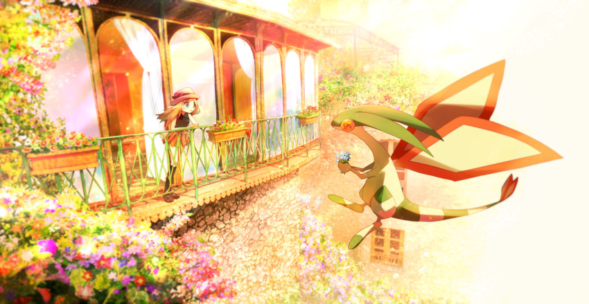1girl arm_support balcony blue_eyes commentary creatures_(company) eye_contact flower flygon flying game_freak gen_3_pokemon hat highres kneehighs leaning_forward light_brown_hair light_particles looking_at_another nintendo outdoors plant pleated_skirt pokemon pokemon_(creature) pokemon_(game) pokemon_xy potted_plant railing serena_(pokemon) skirt solo wind window