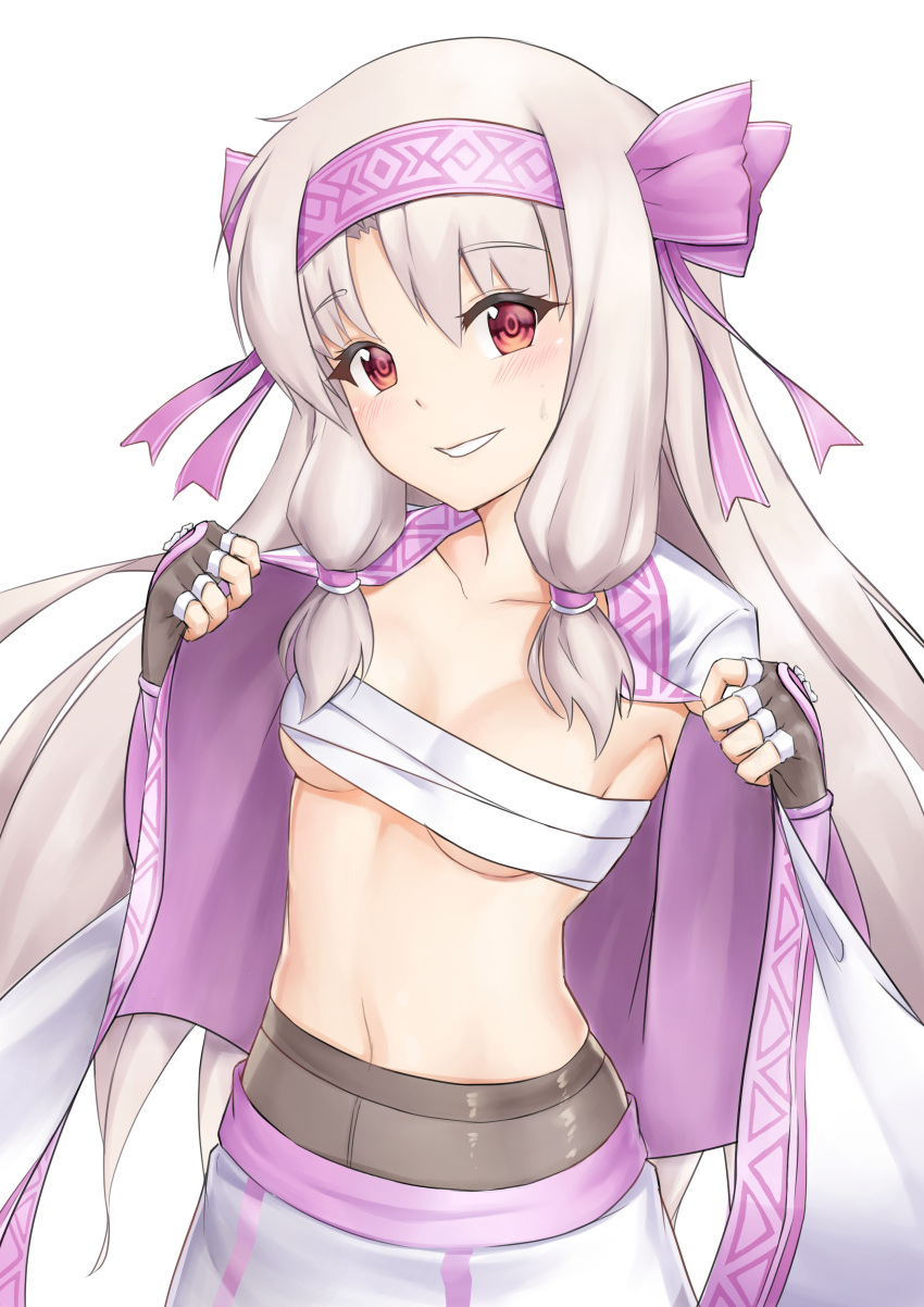 1girl absurdres ainu_clothes bangs blush bow breasts collarbone eyebrows_visible_through_hair fate/grand_order fate_(series) fingerless_gloves gloves grey_gloves hair_bow hairband hakuya_kung highres hips illyasviel_von_einzbern jacket long_hair long_sleeves looking_at_viewer navel open_clothes open_jacket pantyhose red_eyes sarashi sidelocks simple_background sitonai skirt small_breasts smile solo waist white_background white_jacket white_skirt