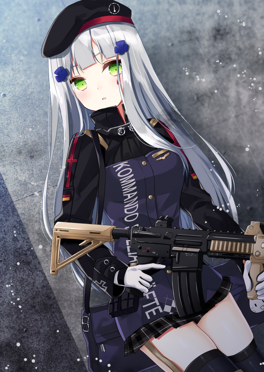 1girl assault_rifle bangs beret black_hat black_legwear black_skirt blunt_bangs blush breasts commentary_request eyebrows_behind_hair facial_mark girls_frontline gloves green_eyes gun hair_ornament hat heckler_&amp;_koch highres hk416 hk416_(girls_frontline) holding holding_gun holding_weapon jacket long_hair long_sleeves object_namesake parted_lips plaid plaid_skirt pleated_skirt purin_jiisan purple_jacket rifle silver_hair skirt small_breasts solo thigh-highs trigger_discipline very_long_hair weapon white_gloves