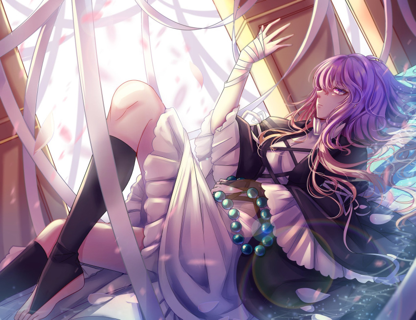 1girl bandage bandaged_arm bandages beads black_capelet black_legwear blonde_hair breasts bridal_legwear capelet closed_mouth day dress dutch_angle expressionless feet_out_of_frame gradient_hair half-closed_eyes hand_up highres hijiri_byakuren knee_up layered_dress lens_flare long_hair looking_at_hand lying medium_breasts multicolored_hair nga_(artist) on_back on_floor petals prayer_beads profile purple_hair solo touhou turtleneck_dress two-tone_hair violet_eyes white_dress wind