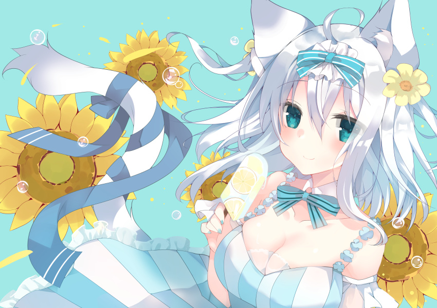1girl absurdres ahoge animal_ear_fluff animal_ears aqua_eyes bangs blue_background blush bow bowtie breasts cat_ears cat_girl cat_tail cleavage closed_mouth collarbone detached_collar dress eyebrows_visible_through_hair flower food fruit hair_between_eyes hair_bow hair_flower hair_ornament highres holding holding_food large_breasts lemon long_hair looking_at_viewer nail_polish off_shoulder original popsicle ribbon satsuki_mayuri silver_hair simple_background smile solo striped striped_dress sunflower tail tail_ribbon upper_body vertical-striped_dress vertical_stripes wing_collar