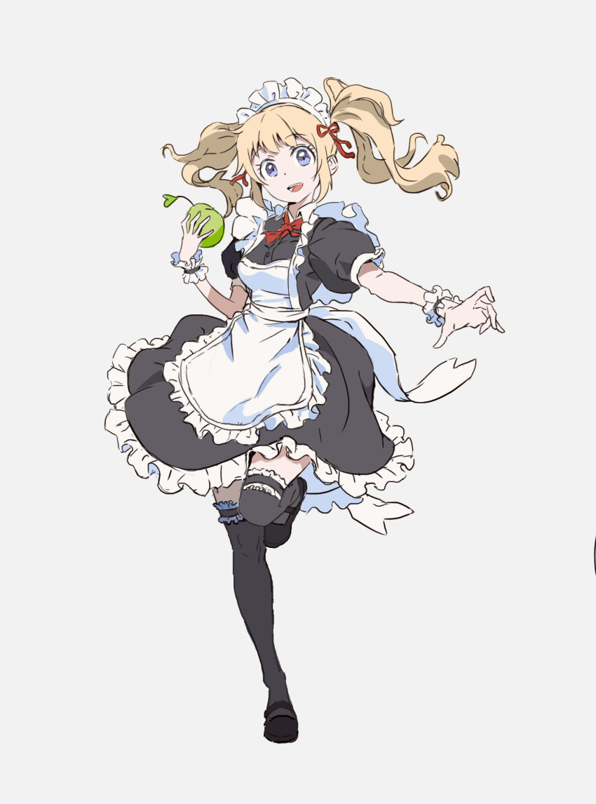 1girl :d black_footwear black_legwear blonde_hair blue_eyes breasts food fruit full_body ggozira highres holding holding_fruit long_hair maid maid_headdress open_mouth original sketch small_breasts smile solo standing standing_on_one_leg thigh-highs twintails victorian_maid wrist_cuffs