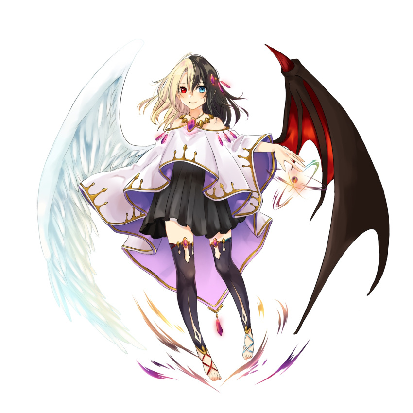 1girl angel_and_devil angel_wings bare_shoulders black_hair blonde_hair blue_eyes demon_wings eyebrows_visible_through_hair gem gold_trim hair_ornament heterochromia highres jewelry looking_at_viewer multicolored_hair necklace original pigeon-toed red_eyes smile split_theme standing surume112223 tachi-e thigh-highs two-tone_hair wings