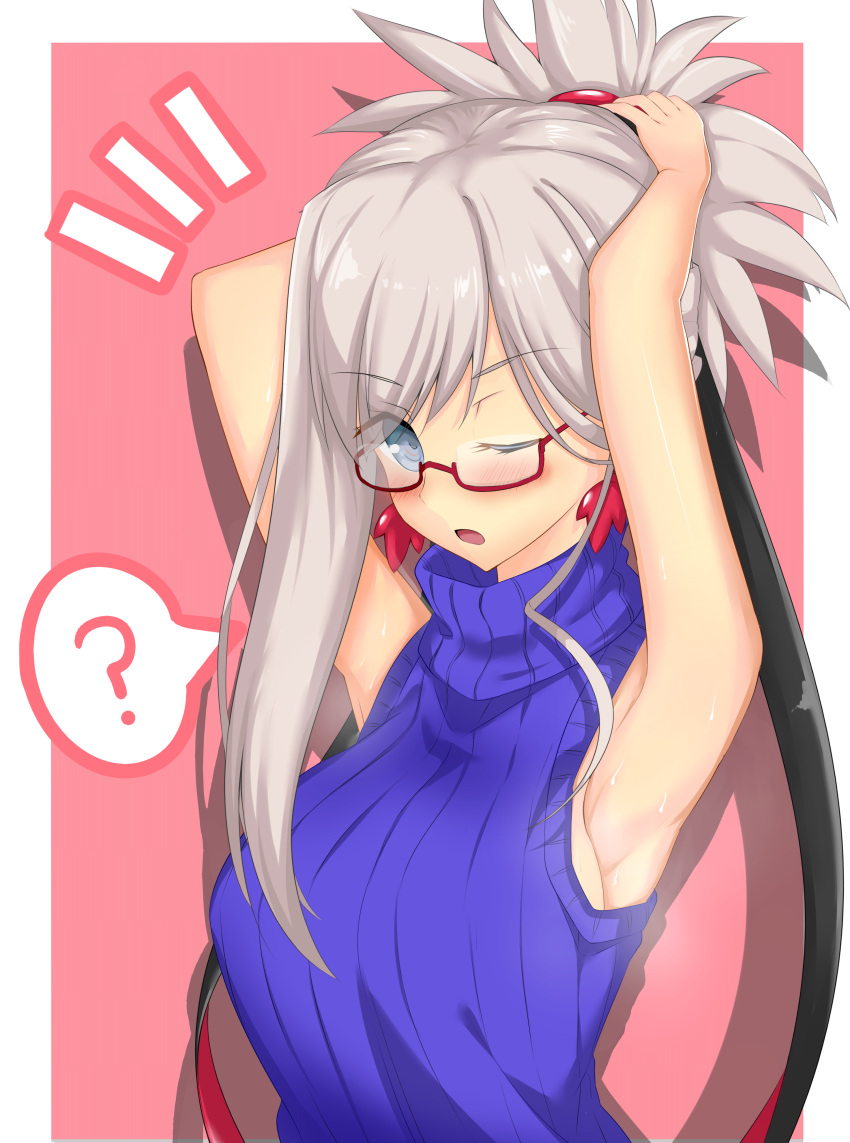 1girl absurdres alternate_costume armpits blue_eyes borumete fate/grand_order fate_(series) glasses highres meme_attire miyamoto_musashi_(fate/grand_order) one_eye_closed ribbed_sweater sweater type-moon virgin_killer_sweater