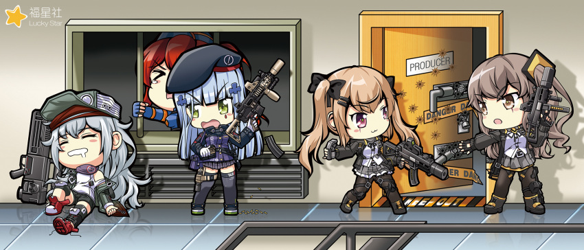 5girls 6p62_(girls_frontline) assault_rifle bullet_hole caution_tape chibi commentary_request drooling english floor full_body g11 g11_(girls_frontline) girls_frontline gun h&amp;k_ump heckler_&amp;_koch highres hk416 hk416_(girls_frontline) holding holding_bars holding_gun holding_magazine_(weapon) holding_weapon indoors iron_bars keep_out multiple_girls open_door reflective_floor rescue rifle sleeping submachine_gun ump45_(girls_frontline) ump9_(girls_frontline) weapon window zixia_(msl)