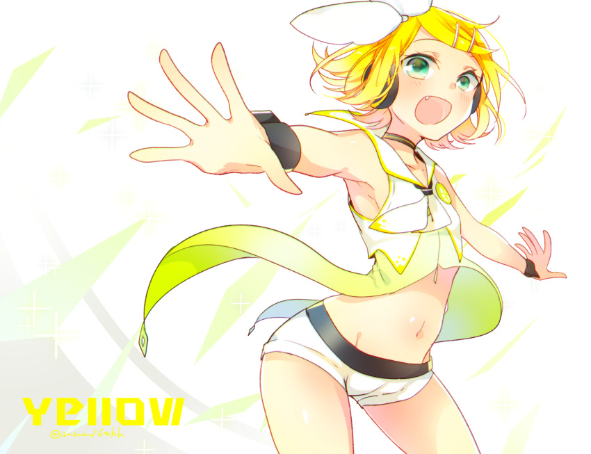 1girl :d arched_back armpits bare_shoulders blonde_hair blush bow breasts fang flat_chest green_eyes hair_bow hair_ornament hairclip headphones headset kagamine_rin kawahara_chisato midriff navel open_mouth outstretched_arms sailor_collar shirt short_hair shorts sideboob sleeveless sleeveless_shirt smile solo song_name spread_arms vocaloid zipper