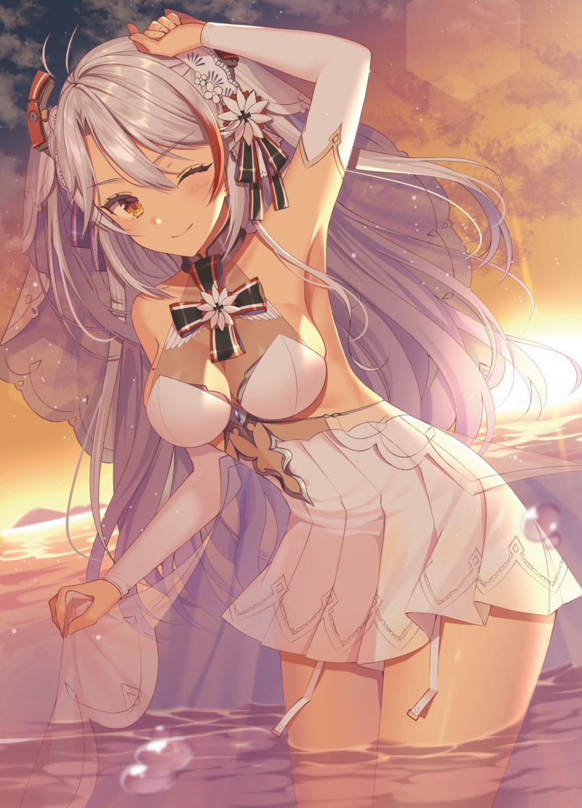 1girl alternate_costume arm_up armpits azur_lane bangs bare_shoulders blush breasts bridal_gauntlets bridal_veil choker cleavage clouds collarbone cowboy_shot dress eyebrows_visible_through_hair flower garter_straps gloves groin hair_between_eyes hair_flower hair_ornament head_tilt headgear highres izumo_neru large_breasts long_hair looking_at_viewer mole mole_on_breast multicolored_hair one_eye_closed outdoors parted_lips prinz_eugen_(azur_lane) redhead sapphire_(stone) see-through sidelocks silver_hair skindentation smile solo streaked_hair sunlight sunset swept_bangs thighs two_side_up veil very_long_hair wading wedding_dress white_dress white_gloves