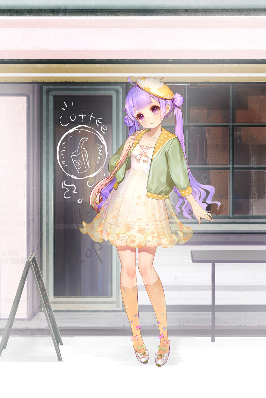 1girl ahoge alternate_costume azur_lane bag beret blue_bow blush bow closed_mouth door double_bun dress green_bow green_jacket hand_up hat highres jacket kneehighs long_hair long_sleeves orange_legwear orry outdoors pink_bow puffy_long_sleeves puffy_sleeves purple_bow purple_hair shoes shoulder_bag side_bun sidelocks sign smile solo standing storefront tilted_headwear twintails unicorn_(azur_lane) very_long_hair white_bow white_dress white_footwear white_hat window