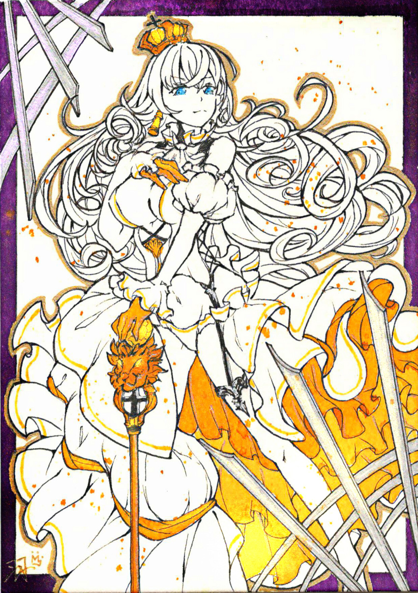 1girl ascot blue_eyes cane chinese_commentary cinders color_ink_(medium) crown curly_hair detached_sleeves dress earrings frills garter_belt garter_straps gloves hand_on_hilt hand_on_own_chest highres jewelry legs limited_palette lion_(zhan_jian_shao_nyu) long_hair navel open_clothes open_dress orange_gloves panties ruffled_skirt signature solo thigh-highs underwear very_long_hair white_dress yu_zhiju zhan_jian_shao_nyu