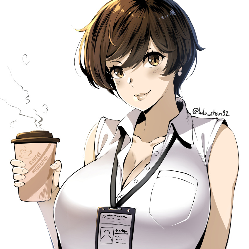 1girl absurdres badge bare_shoulders blush breasts brown_eyes brown_hair buttons cleavage closed_mouth coffee_cup collared_shirt commentary cup disposable_cup english_commentary highres holding holding_cup id_card lanyard large_breasts looking_at_viewer lulu-chan92 name_tag ol-chan_(norman_maggot) original partially_unbuttoned pixie_cut shirt short_hair sleeveless sleeveless_shirt smile solo steam twitter_username upper_body white_shirt