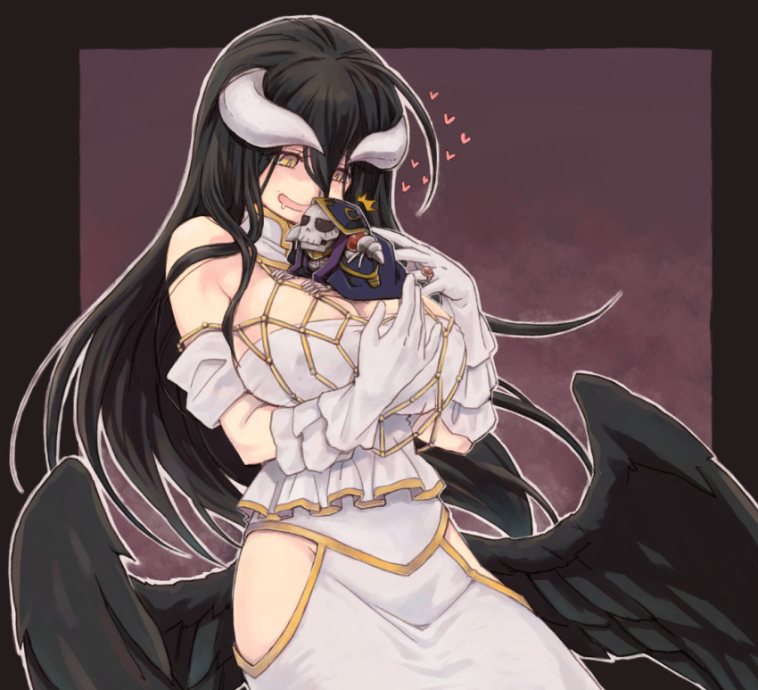 1girl ainz_ooal_gown albedo bare_shoulders black_feathers black_hair black_wings breasts chibi cleavage commentary_request demon_girl demon_horns demon_wings detached_collar dress feathered_wings feathers gloves hair_between_eyes heart hip_vent hips horns jewelry large_breasts long_hair low_wings necklace open_mouth overlord_(maruyama) saliva skeleton slit_pupils user_xgpy8228 white_dress white_gloves wings yellow_eyes