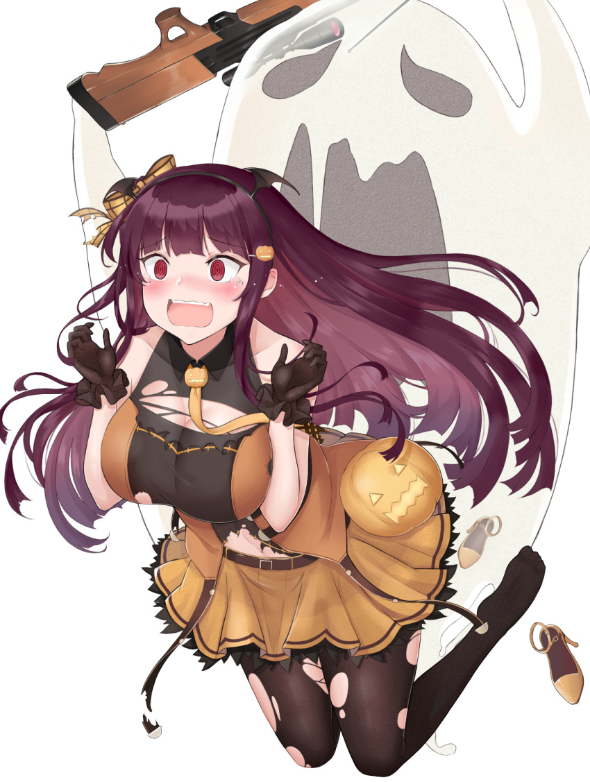 1girl @_@ ankle_lace-up arms_up bare_shoulders bat_wings black_hairband black_wings blush bow breasts brown_gloves brown_legwear bullpup collarbone collared_shirt cross-laced_footwear fake_wings ghost girls_frontline gloves gun hair_bow hair_ornament hairband hairclip halloween hands_up head_wings highres holding holding_gun holding_weapon jack-o'-lantern jack-o'-lantern_hair_ornament large_breasts long_hair mentai_mayo nose_blush object_namesake open_mouth orange_bow orange_footwear orange_shirt orange_skirt pantyhose pleated_skirt purple_hair red_eyes rifle scared shirt shoes shoes_removed sidelocks simple_background skirt sniper_rifle solo torn_clothes torn_legwear torn_shirt very_long_hair wa2000_(girls_frontline) walther walther_wa_2000 weapon white_background wings