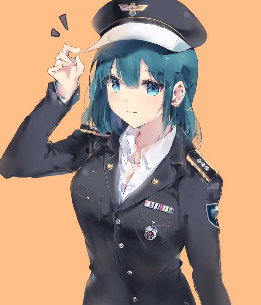 1girl aqua_eyes aqua_hair black_hat black_jacket breast_pocket collared_jacket collared_shirt commentary_request earrings epaulettes hand_on_headwear hat highres jacket jewelry long_sleeves looking_at_viewer medallion medium_hair military military_uniform orange_background original peaked_cap pocket shirt simple_background solo tr_(hareru) uniform upper_body white_shirt wing_collar