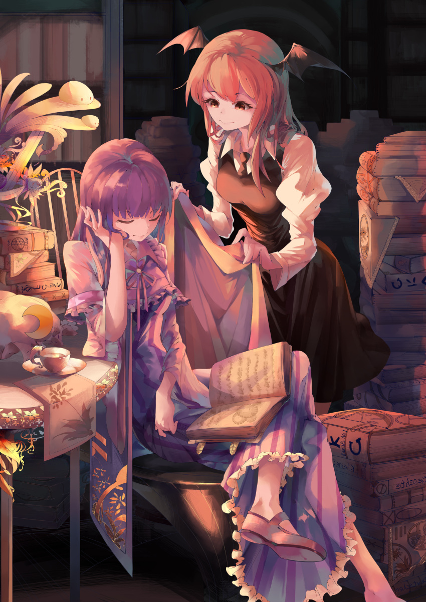 2girls absurdres bat_wings black_skirt black_vest blanket book bookshelf closed_eyes closed_mouth crescent cup demon_girl demon_wings dress_shirt floral_print flower hat head_wings highres holding holding_blanket holding_book koakuma legs_crossed library long_hair long_sleeves looking_at_another mob_cap multiple_girls necktie open_book patchouli_knowledge puffy_sleeves purple_hair purple_neckwear red_eyes red_neckwear redhead shirt shoes sitting skirt sleeping smile table teacup touhou vest voile white_shirt wide_sleeves wings worini