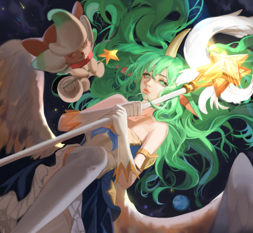 1girl alternate_costume alternate_eye_color alternate_hair_color animal_ears armlet bare_shoulders breasts elbow_gloves feathered_wings gloves green_eyes green_hair highres horn horns league_of_legends long_hair looking_at_viewer magical_girl medium_breasts planet pointy_ears skirt solo soraka space staff star_guardian_soraka thigh-highs user_rndg3335 very_long_hair wand white_gloves white_legwear white_wings wings