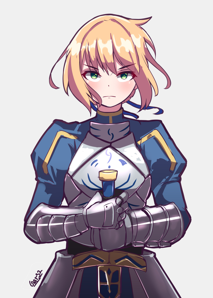 1girl absurdres armor artist_name artoria_pendragon_(all) blonde_hair blush braid breasts excalibur fate/grand_order fate/stay_night fate_(series) french_braid green_eyes highres juliet_sleeves long_sleeves planted_weapon puffy_sleeves saber serious short_hair solo tegar32 weapon white_background