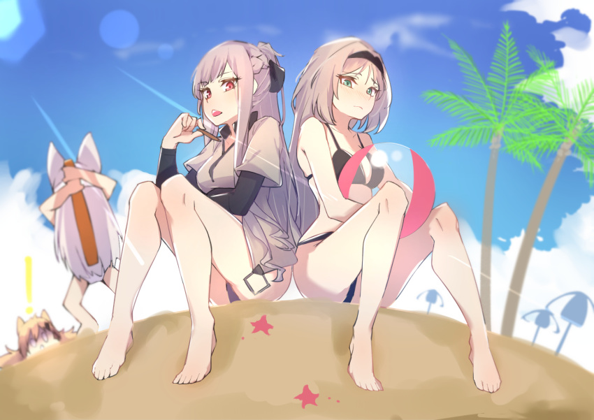 4girls ak-12_(girls_frontline) an-94_(girls_frontline) animal_ears ball bare_arms bare_legs bare_shoulders barefoot beach beachball bikini black_bikini black_bow black_ribbon blonde_hair blue_eyes blush bow braid breasts character_request closed_mouth eyebrows_visible_through_hair french_braid girls_frontline hair_ornament hair_ribbon hairband hairclip highres holding holding_ball holding_object idw_(girls_frontline) jacket knees_together_feet_apart long_hair long_sleeves looking_at_viewer lying medium_breasts multiple_girls on_stomach open_mouth palms red_eyes ribbon sand short_sleeves silver_hair simple_background sitting sky smile starfish swimsuit very_long_hair violet_eyes wan_ban