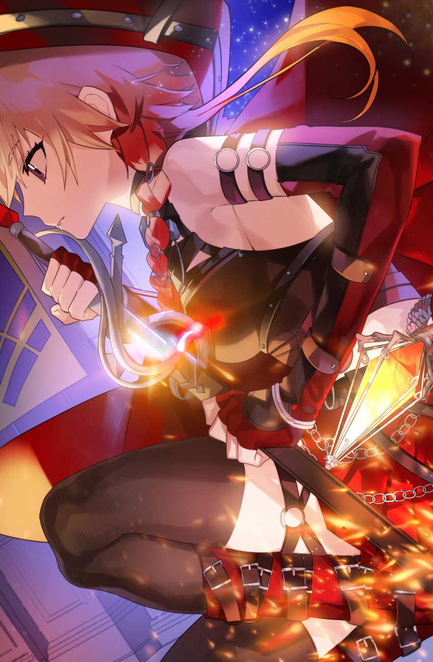 1girl boots braid cape crystal elbow_gloves fingerless_gloves gloves highres holding holding_weapon hood idolmaster idolmaster_cinderella_girls idolmaster_cinderella_girls_starlight_stage night ninomiya_asuka pink_eyes pink_hair s2riridoll saber_(weapon) sheath sword thigh-highs unsheathing weapon