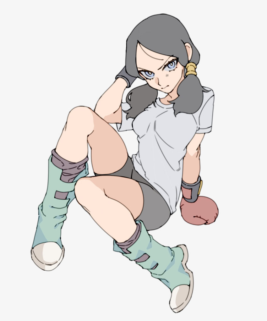 1girl black_hair black_legwear blue_eyes boots boxing_gloves dragon_ball dragonball_z expressionless eyebrows_visible_through_hair frown full_body gong_(mgong520) grey_background hand_in_hair hand_rest highres leggings serious shirt simple_background sitting socks solo thighs twintails videl white_shirt