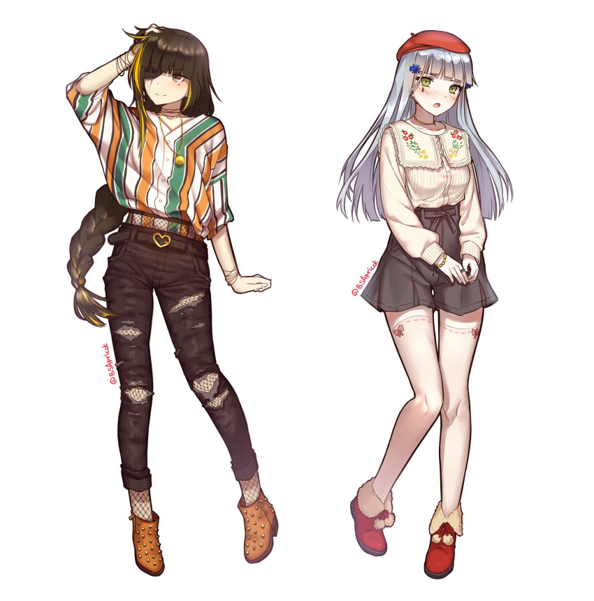 2girls alternate_costume artist_name bangle belt beret black_hair boots bracelet danielle_brindle denim eyepatch fishnet_pantyhose fishnets girls_frontline green_eyes hat highres hk416_(girls_frontline) jeans jewelry long_hair m16a1_(girls_frontline) multiple_girls pants pantyhose scar scar_across_eye skirt thigh-highs thighs torn_clothes torn_jeans torn_pants tray zettai_ryouiki