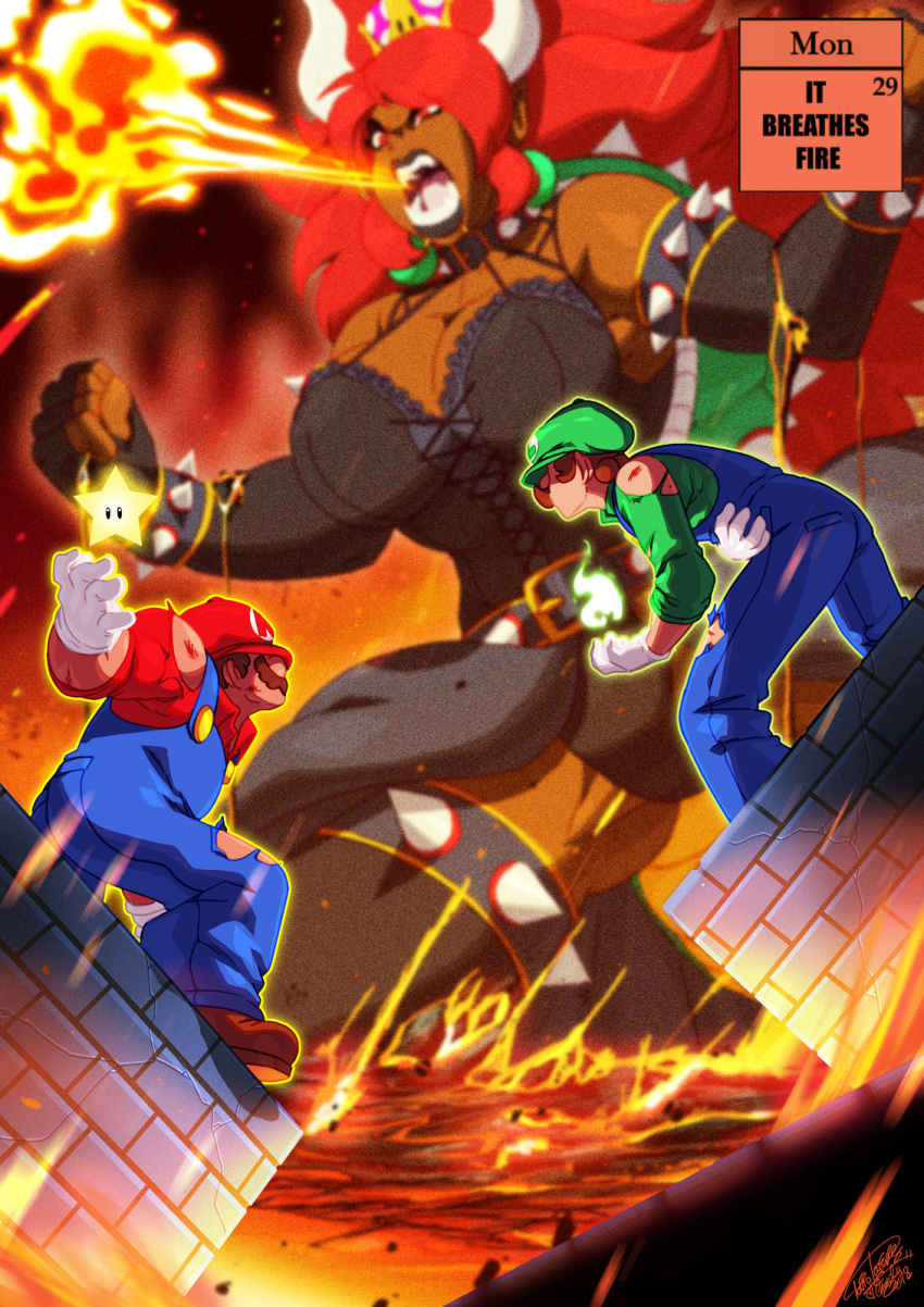 1girl 2boys alternate_hair_color alternate_skin_color bare_shoulders battle big_hair black_collar black_gloves black_lipstick bowsette bracelet breasts breathing_fire broad_shoulders cleavage collar corset cross-laced_clothes crown curvy dark_skin dress earrings elbow_gloves embroidery eyebrows eyelashes eyeliner facial_hair fiery_background fighting fingerless_gloves fire fireball gloves gold_trim green_earrings green_hat hair_over_one_eye hat high_ponytail highres huge_breasts jewelry lace_trim large_breasts lava lips lipstick long_hair luigi makeup mario super_mario_bros. mascara mini_crown molten_rock multiple_boys mustache new_super_mario_bros._u_deluxe nintendo nose open_mouth overalls pelvic_curtain princess red_eyes red_hat redhead signature spaghetti_strap spiked_armlet spiked_bracelet spiked_collar spiked_shell spikes star super_crown thick_eyebrows torn_clothes tovio_rogers white_gloves